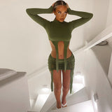 Hollow Out Tassel Long Sleeve Crop Tops 2 Pieces Skirt Set