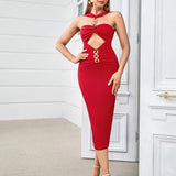 Red Metal Strapless Design Bodycon Midi Dress