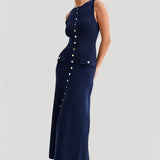 Knit Maxi Dress with Pockets Button-Front