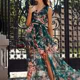 Chiffon Floral Print V-neck Sleeveless Beach Party Dress