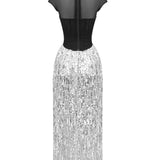 Black Fishbone Top Sequin Mesh Long Skirt Set