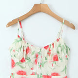 Large Flowers Elastic Buttons Midi Dress