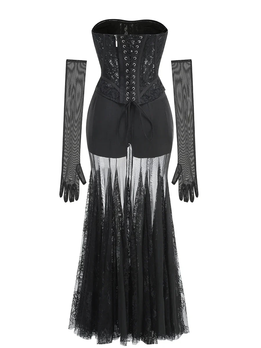 Lace Corset Patchwork Skirt And Gloves Set