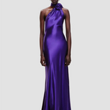 Purple Satin Halter Neck 3D Flower Scarf Maxi Dress