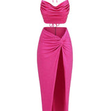 Swinging Collar Crop Tops Long Slit Skirts Suits