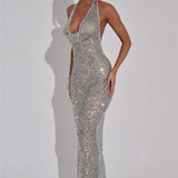 Halter Neck Backless Glitter Long Dress