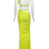 Green Oblique Shoulder Top Thigh High Split Long Skirt Set