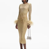 Long Sleeve Feathers Rhinestone Midi Dress