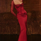 Square Collar Lace-Up Backless Long Sleeve Maxi Dress