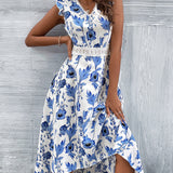 Lace Stitching Floral Print Hollow Beach Long Dress