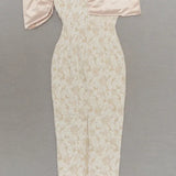 Slash Neck Embossed Flower Beige Dress