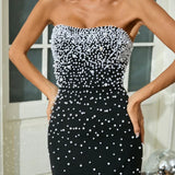 Black Strapless Pearls Beaded Embellished Maxi Dress