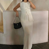 Knitted Solid Slit Vest and Long Skirt Suit