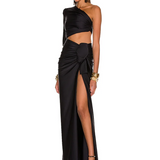 Black Inclined Shoulder High Split Draped Maxi Dress