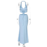 Halter Backless Blue Lace-up Maxi Dress