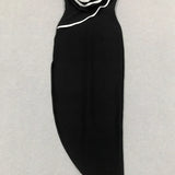 3D Flower Strapless Asymmetric Black Maxi Dress