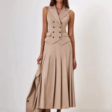 Notched Collar Pleated Skirt Suit Two Piece Sets