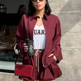 Zipper Lapel Burgundy Color Jacket and Skirt Suit