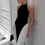 Patchwork Halter Backless Contrast Pleated Midi Dress