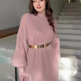 Turtleneck Pullover Solid Sweater Dress With Belt