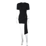 Short Sleeve Draped Black Metal Buckle Mini Dress