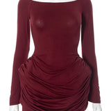 Pleated Off-Shoulder Long Sleeve Mini Dress