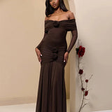 3D Flower-appliqué Mesh Long Sleeve Fishtail Maxi Dress