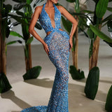 Halter Blue Sequins Sparkly Glitter Maxi Dress