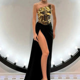Strapless Gold Top & High-Slit Skirt Set