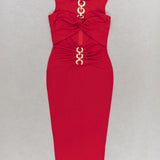 Red Metal Strapless Design Bodycon Midi Dress