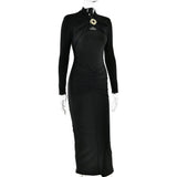 Long Sleeved Pleated Hollowed Out Maxi Dress