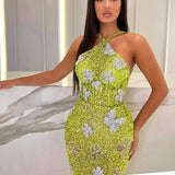 Sleeveless Mesh Sequins Butterfly Mini Dress