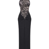 Halter Neck Lace Patchwork Black Maxi Dress