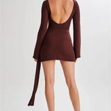 Floral Draped Open Back Knit Long Sleeve Mini Dress