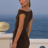 Beaded Asymmetric Slant Neck Mini Dress