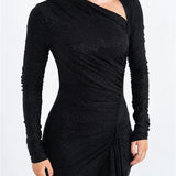 Long Sleeve Ruched Maxi Dress with Thigh-High Split