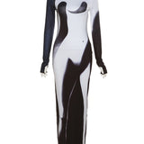 Weird Puss Gradient Women Maxi Dress Skinny Stretchy Long Sleeve O-Neck Trend Bodycon
