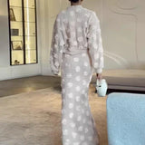 Knitting 3D Flower Lantern Sleeve Top and Long Skirt Suit