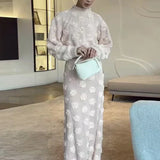 Knitting 3D Flower Lantern Sleeve Top and Long Skirt Suit
