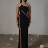 Black Mesh Patchwork One Shoulder Maxi Dress