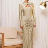 Long Sleeved Pleated Hollowed Out Maxi Dress