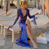 Sexy V neck Perspective Ruffle Drawstring Tight Maxi Dresses