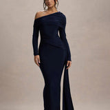 Skew Collar Long Sleeve Maxi Dress