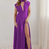Deep V Purple Maxi Dress High Slit
