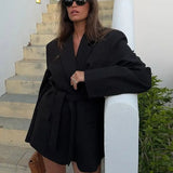 Lace-up V Neck Solid Blazer Dress