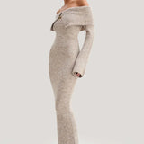 Fluffy Solid Knitted Off Shoulder Midi Dress