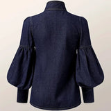 Denim Puff Sleeve High Neck Top