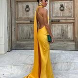 Yellow Satin Backless Lace-Up Off-Shoulder Maxi Dress