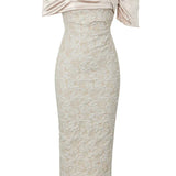 Slash Neck Embossed Flower Beige Dress