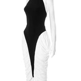 Patchwork Halter Backless Contrast Pleated Midi Dress